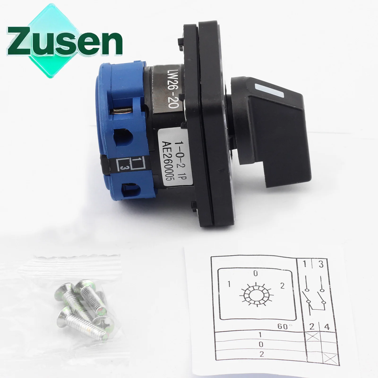 Zusen 440V Ui 690V Cam Switch LW26-20 1-0-2 1P 3Positions 1Pole 4 Terminals Universal Transfer Switch