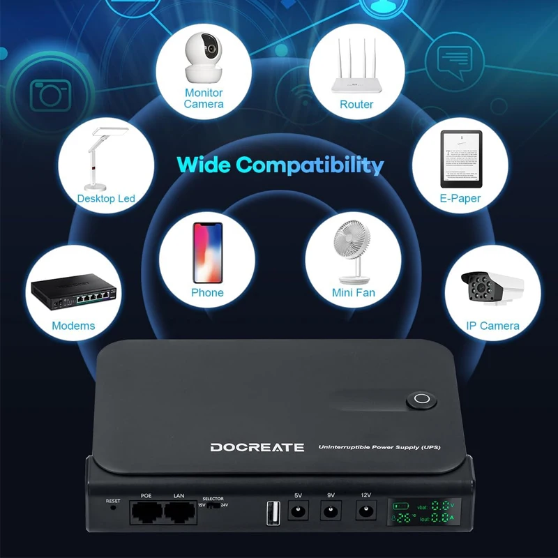 DC UPS 5V-24V Output 36W Uninterr Power Supply 4*18650 Battery(not included) Backup Power for House Router Phone Tablet Modem