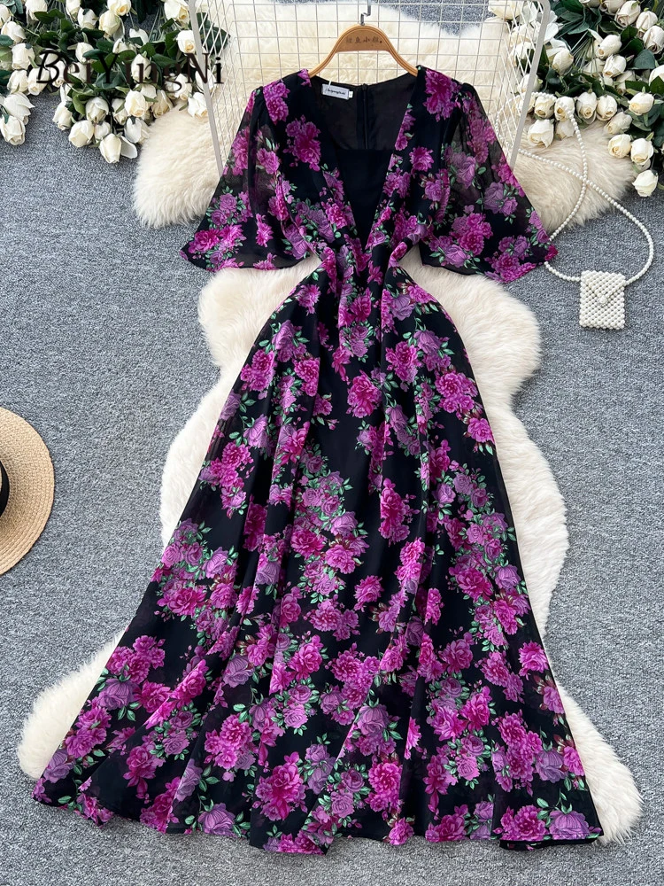 

Beiyingni Romance V-neck Casual Dresses Women Summer Fashion Elegant Maxi Dress Ladies Contrast Retro Chiffon Holiday Boho Dress