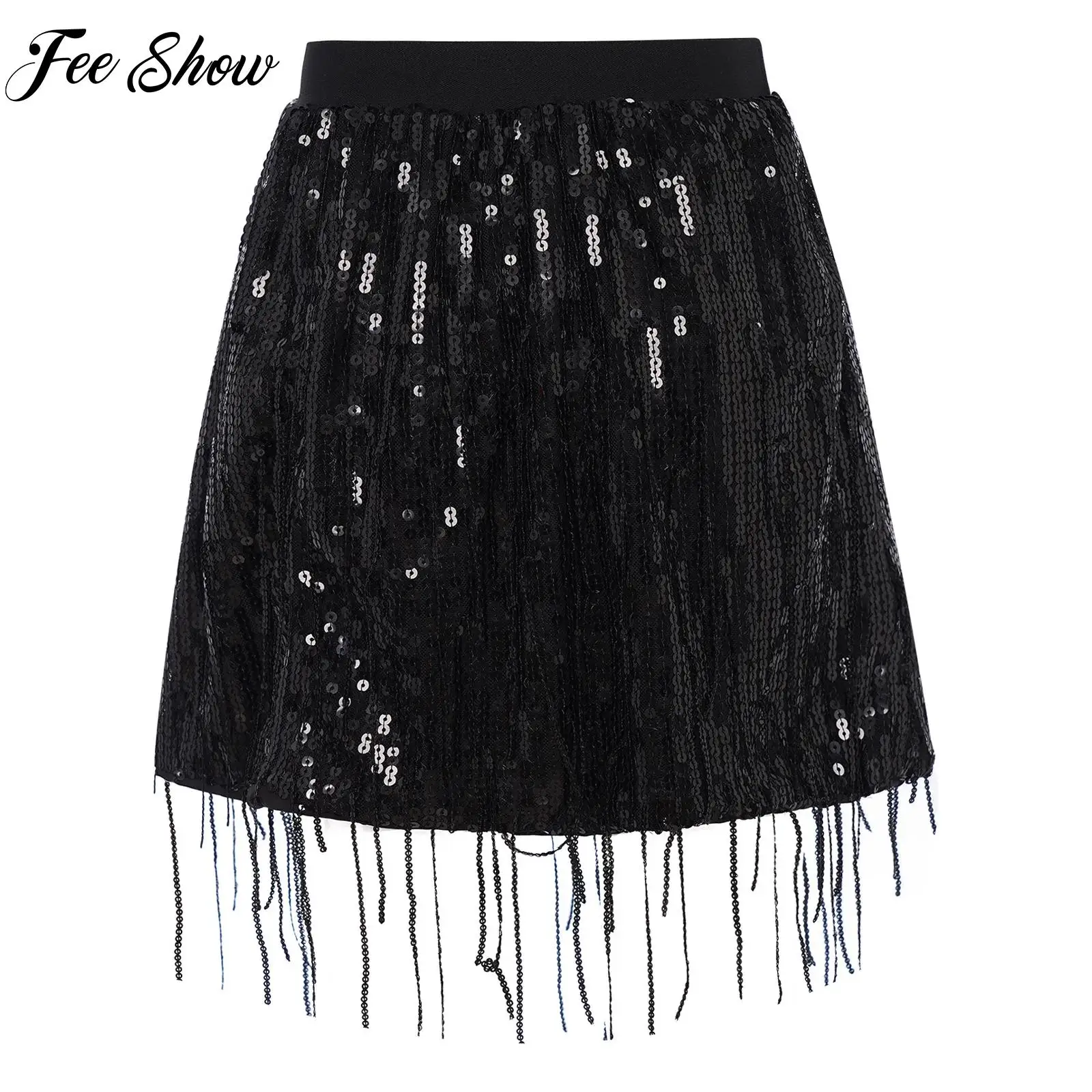 

Kids Fashion Streetwear Girls Sparkly Sequin Tassel Belly Dance Skirts Elastic Waistband Skirts Jazz Latin Performance Dancewear