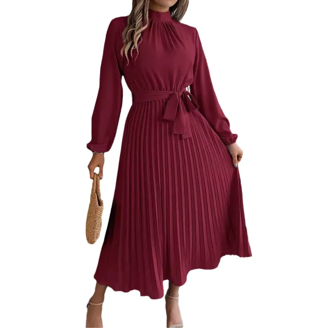 2025 Autumn and Winter New Women's Elegant Stand-up Collar Long Sleeve Waist Pleated Long Skirt Small Dress