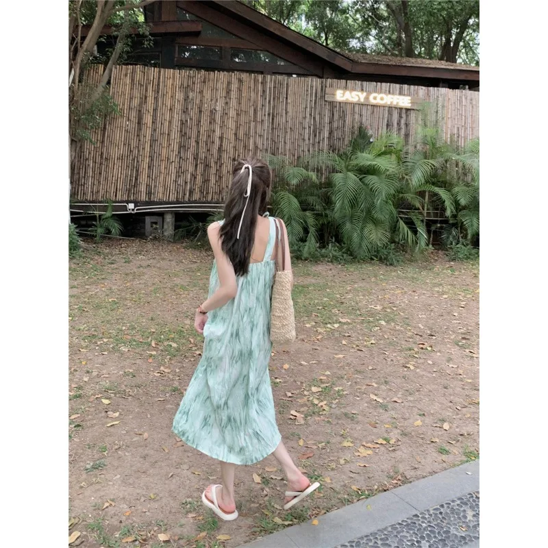Chic Summer Dress Women's Midi Length Strap Loose Print Dresses Korean A-Line Long Dresses Bohemian Vestidos Y2k Платье 원피스