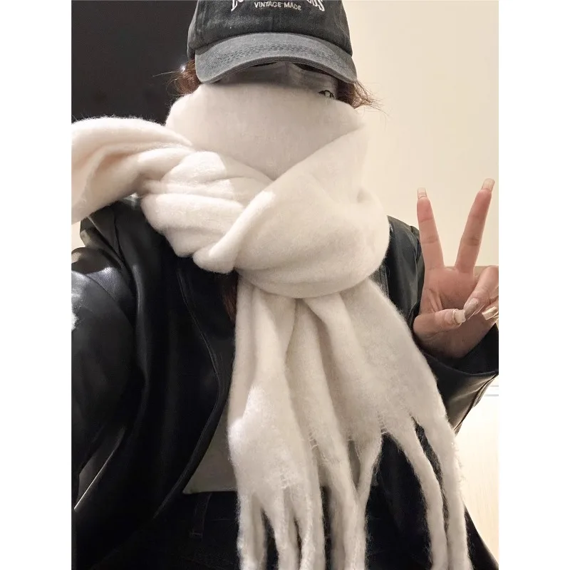 Thick Warm Scarf for Women Pure Color Ladies Imitation Cashmere Black Scarf Female Winter Classic Tassel Fluffy Scarf Soft Shawl