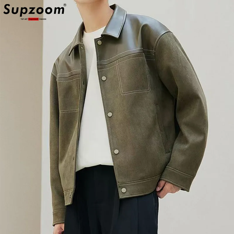 

Supzoom 2025 Новое поступление, модная осенне-зимняя замшевая кожаная куртка с отложным воротником, повседневная и красивая мужская куртка