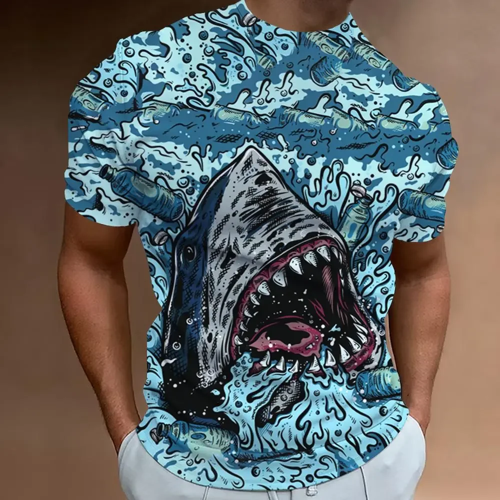 Shark Print 3D Printed Summer Men\'s Clothing Fashion Casual Short Sleeve Oversized T-shirt Street Trend Premium O-collar Top