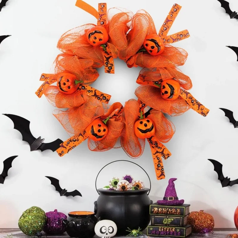 

28/40CM Halloween Wreath Pumpkin Wreaths Mesh Fabric Wreaths Front Door Flower Garland Party Supplies Halloween Decoration