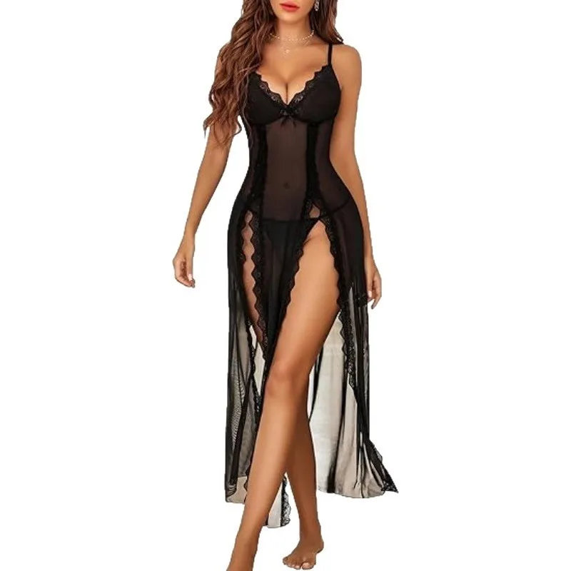 Sexy Ladies' Pajama Set with Panties  Sexy Suspender Net Sleep Dress  Lace See-through Plus-size Sleep Dress   Women Nightwear
