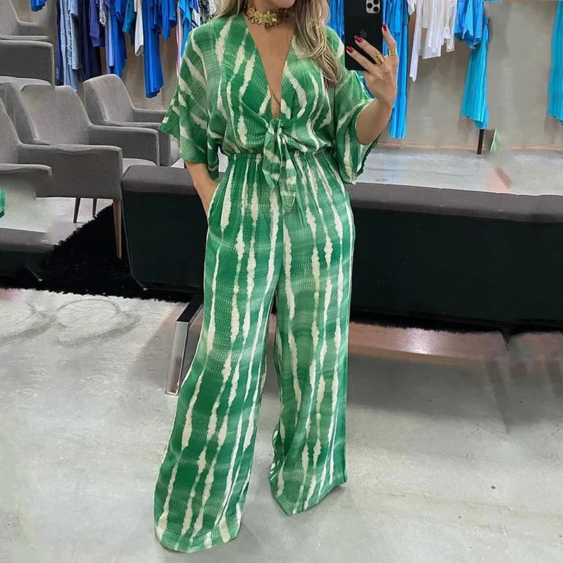 

Women One Piece Print Half Sleeve V Neck Rompers Wide Leg Long Pants Jumpsuits Loose Casual Overalls Lace Up High Waist 2024