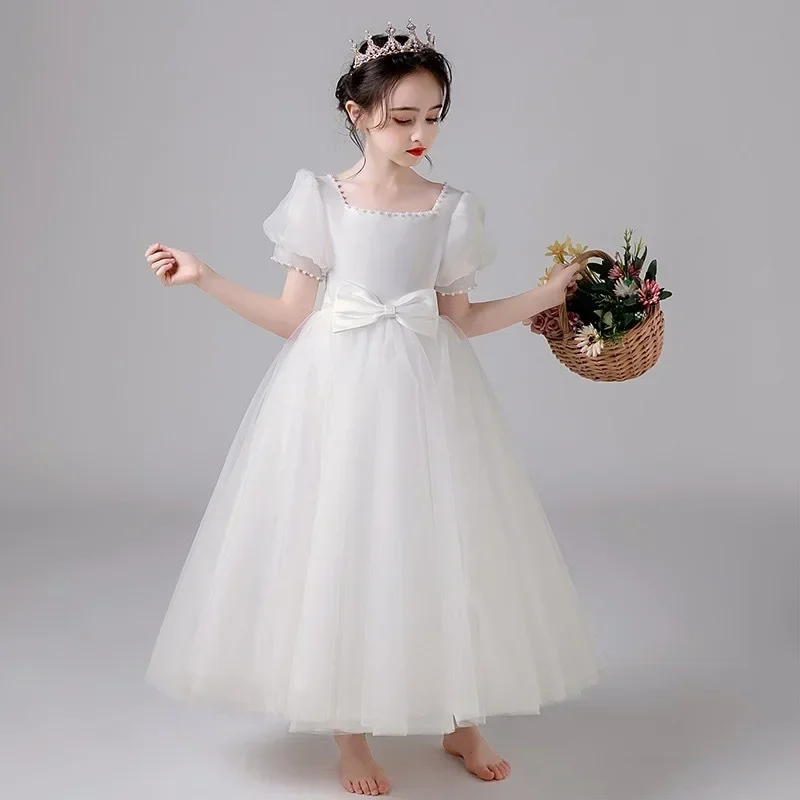 2024 Spring New Flower Girl Dress White Host Fluffy Yarn Walking Show Girl Trendy Performance Dress