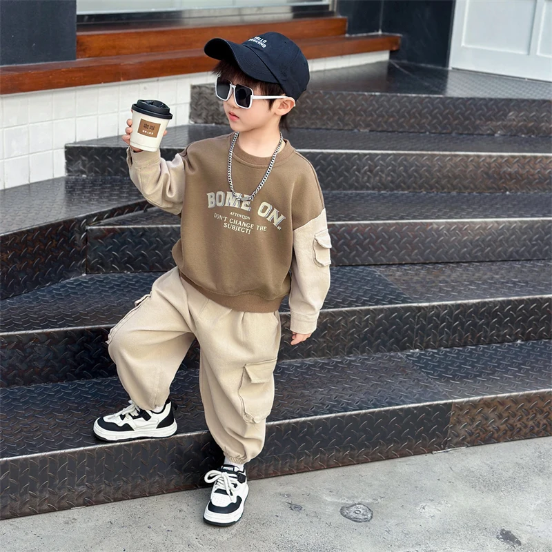 

Модный детский осенний комплект: худи и брюки, повседневный костюм-двойка для мальчиков, весенне-осенняя корейская одежда