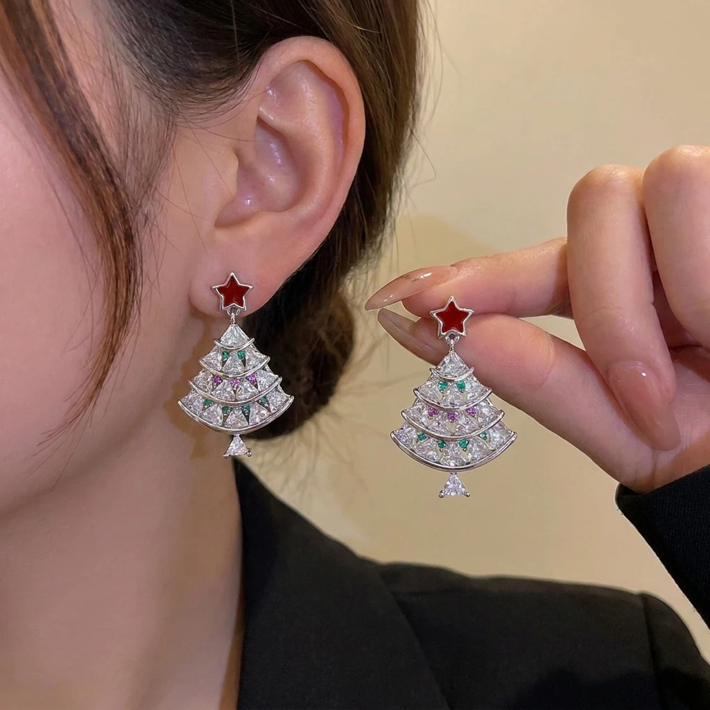 Glänzende Zirkon-Weihnachtsbaum-Ohrhänger für Damen, Rote Stern-Weihnachtsbaum-Ohrringe, Festliche Schmuck-Accessoires – Detail 1