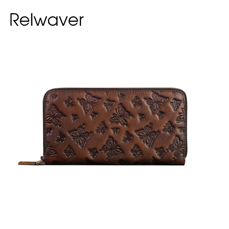 Relwaver-女性用の本物の牛革レザーバタフライウォレット、ロングジッパークラッチ、パーティー財布、春、夏、2022