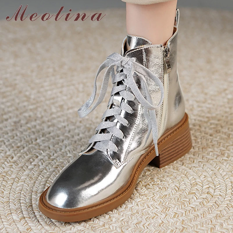 

Meotina Women Genuine Leather Ankle Boots Round Toe Block Mid Heel Lace-up Zipper Ladies Short Boot Autumn Winter Shoes Silver