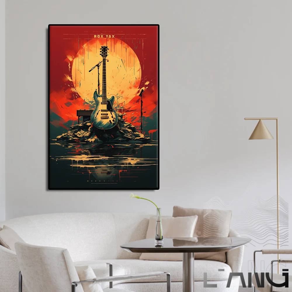 Cyberpunk burning electric guitar canvas poster floral decor aesthetics Music band Folk jazz art Home wall decor bedroom picture