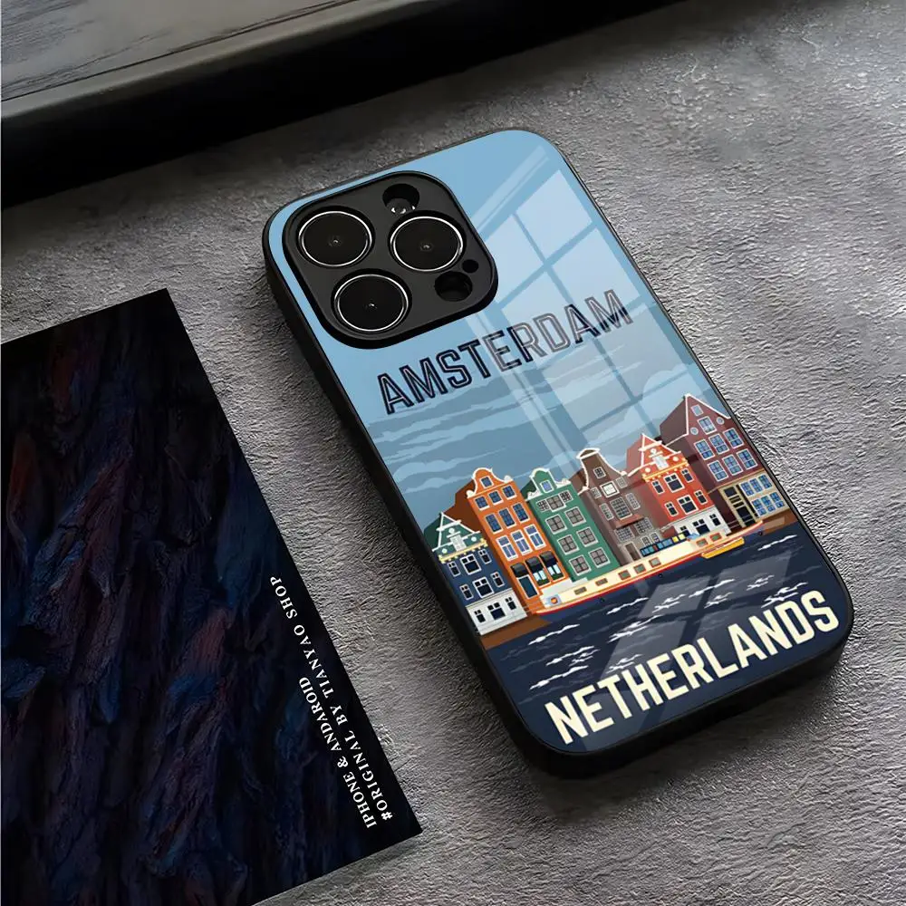 Amsterdam City Poster Phone Case For IPhone 13 Pro Max 14 16 Plus 12 Mini 11 15 X XR XS 8 7 Plus SE Tempered Glass Cover