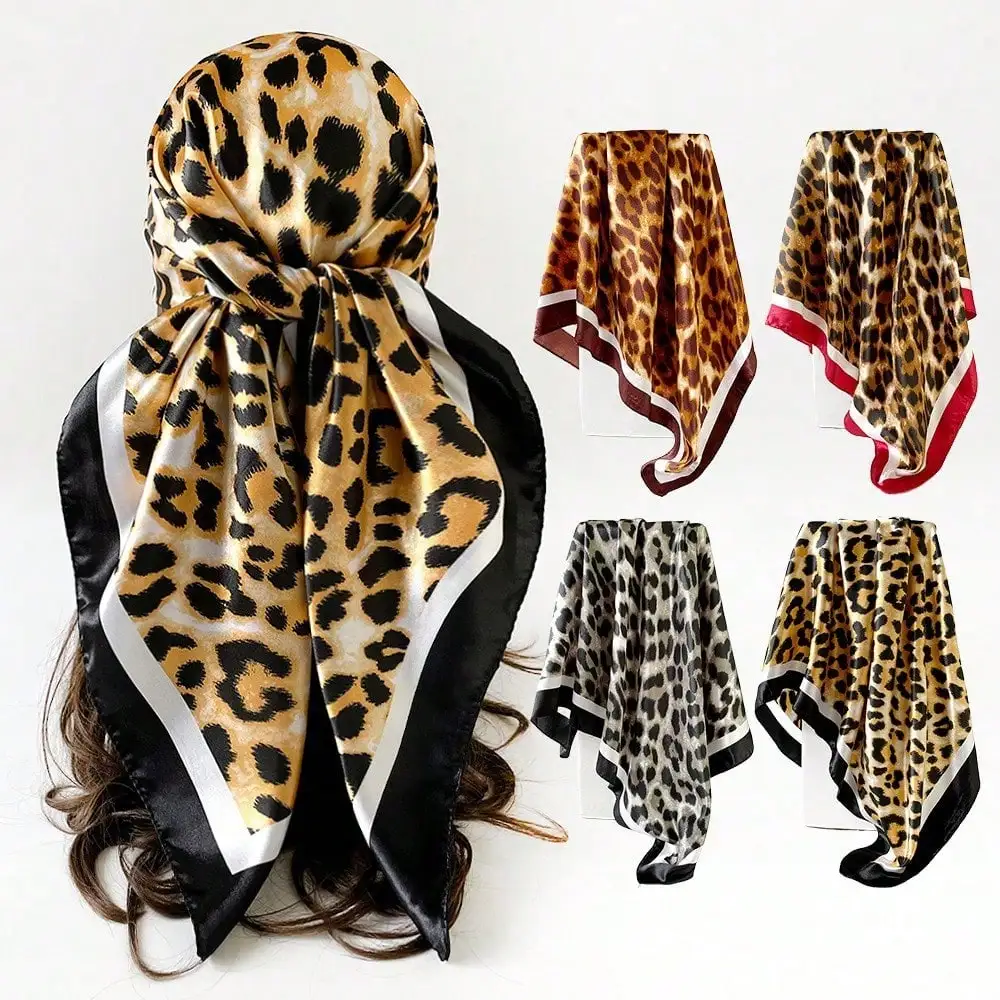 

Women's leopard print square scarves, silk scarves, smooth fabrics, headscarves, binding bags, decorative silk scarves and scarves are suitable for daily use, 90 * 90cm women's new headscarves