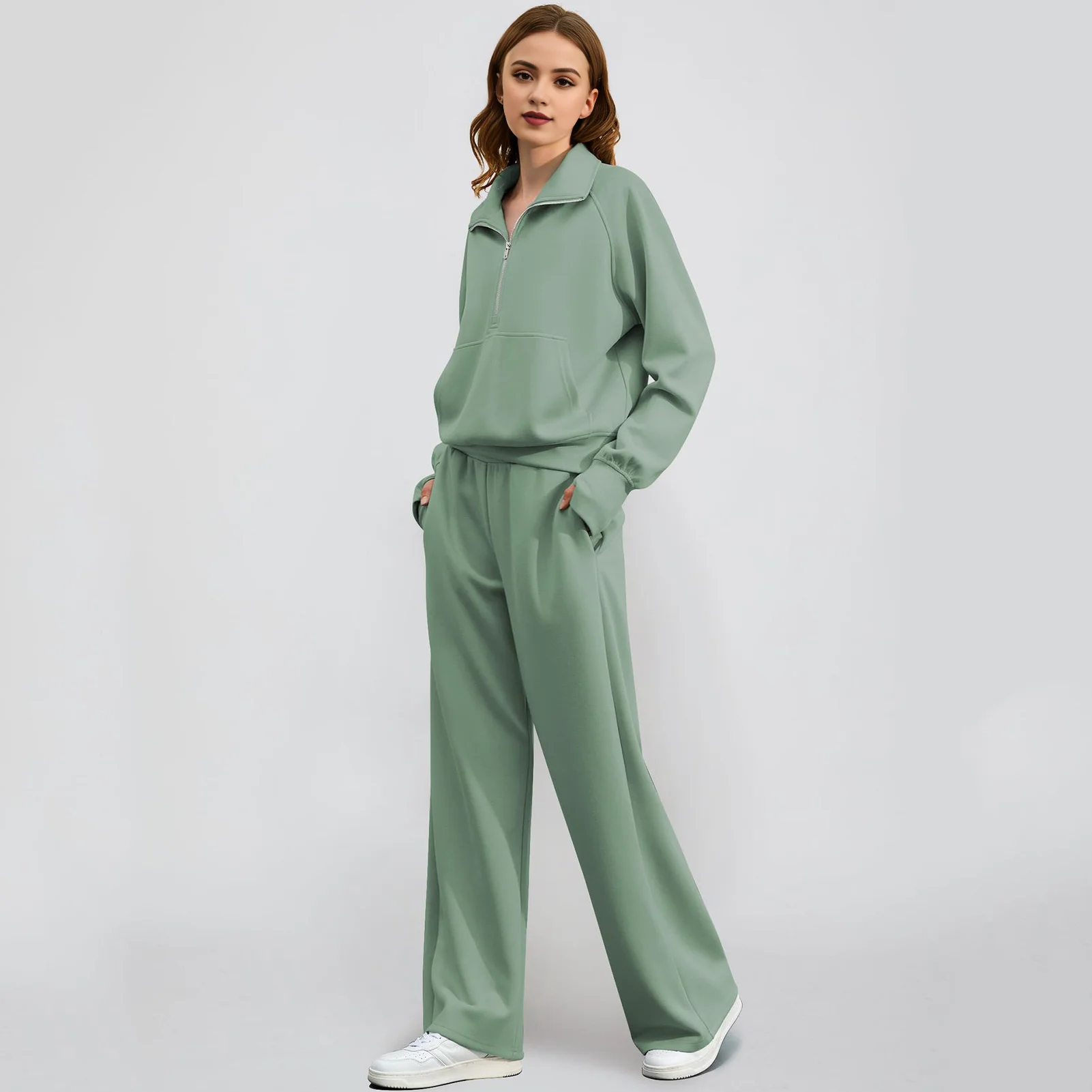 2Pcs Women Autumn Sweatshirt Pant Set Solid Color O Neck Long Sleeve Top Drawstring Pants Suit Sport Tracksuit Ladies Clothing