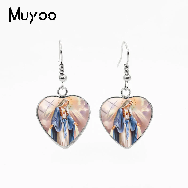 2019 New Fashion Virgin Mary Heart Pendants Fish Hook Earrings Our Lady of Guadalupe Jewelry Heart Stainless Steel Earrings