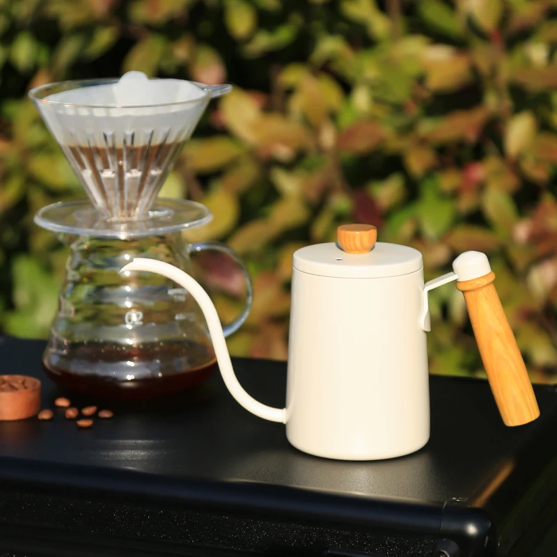 المحمولة المتخصصة الفولاذ المقاوم للصدأ معقوفة صب فوق غلاية القهوة وعاء القهوة بمقبض خشبي