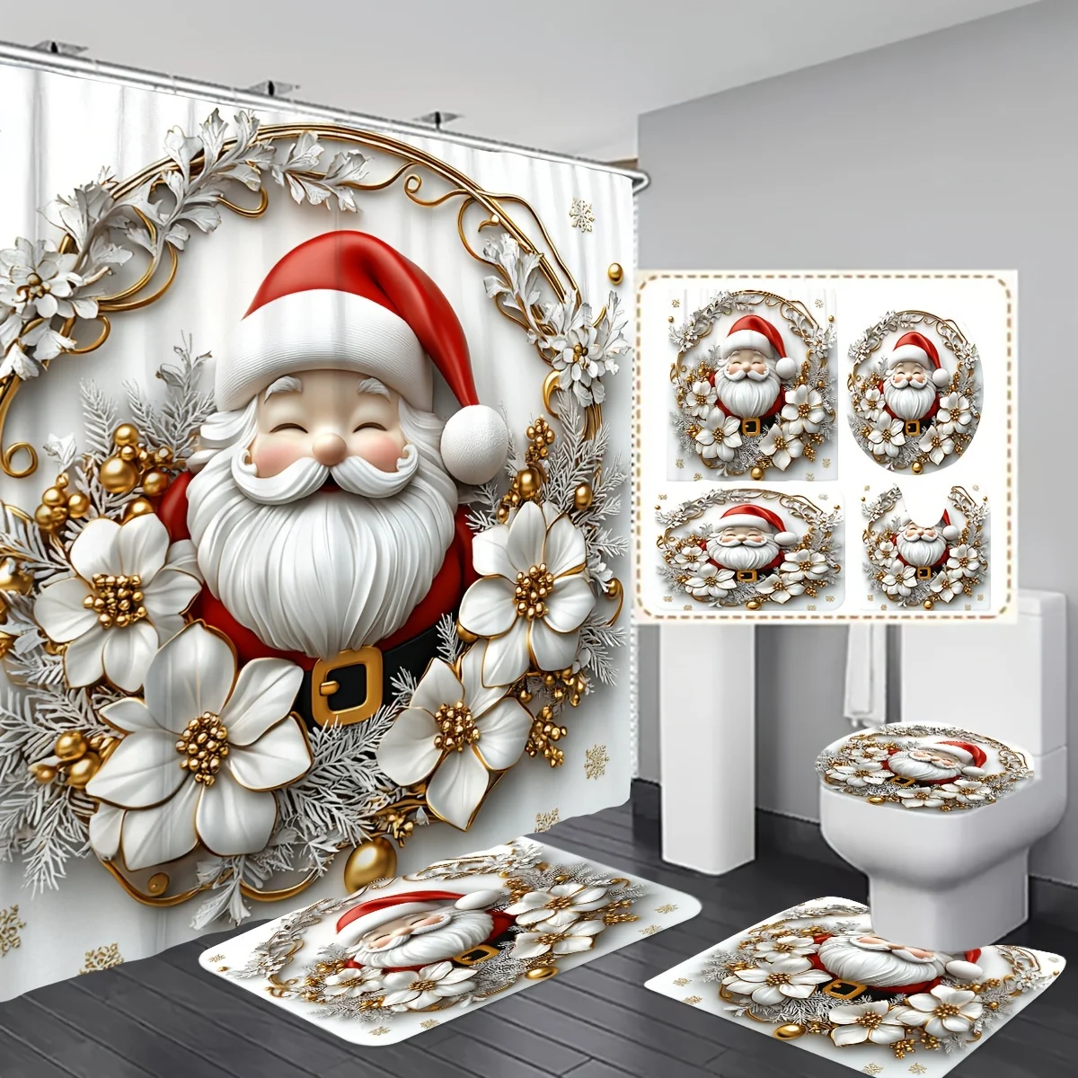 

4Pcs 3D Santa Wreath Shower Set, White Gold Polyester, Hooks Included, Washable Bathroom Accessories for Home Decor