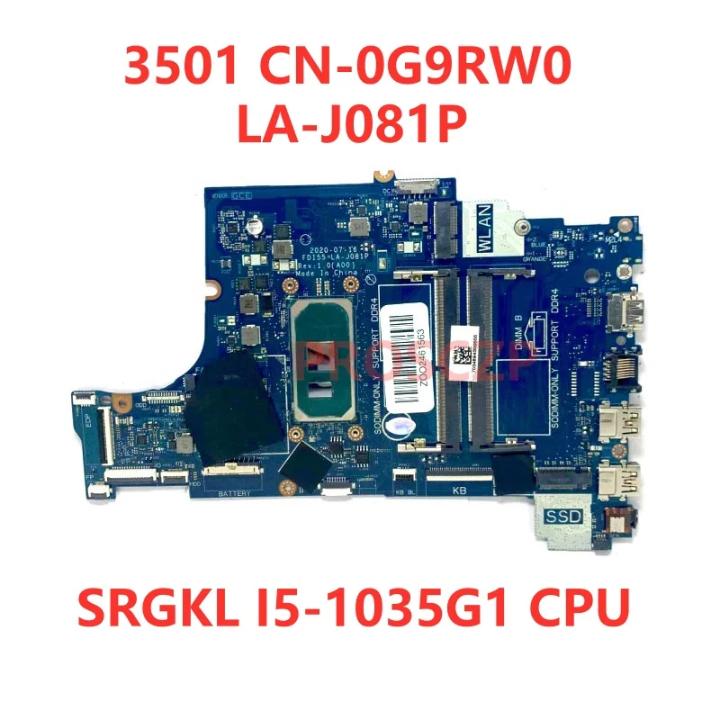 CN-0G9RW0 CN-01J5TX CN-01VFDK CN-047MF0 CN-0G8NCD For DELL 3501 3493 5593 Laptop Motherboard LA-J081P With I5/I7 CPU 100% Tested