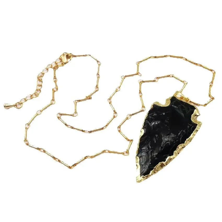 WT-N1113 Bohemia Style Natural Stone Black Obsidian Arrowhead Pendant With18k Gold Plated 18 Inch Daily Necklace For Unisex