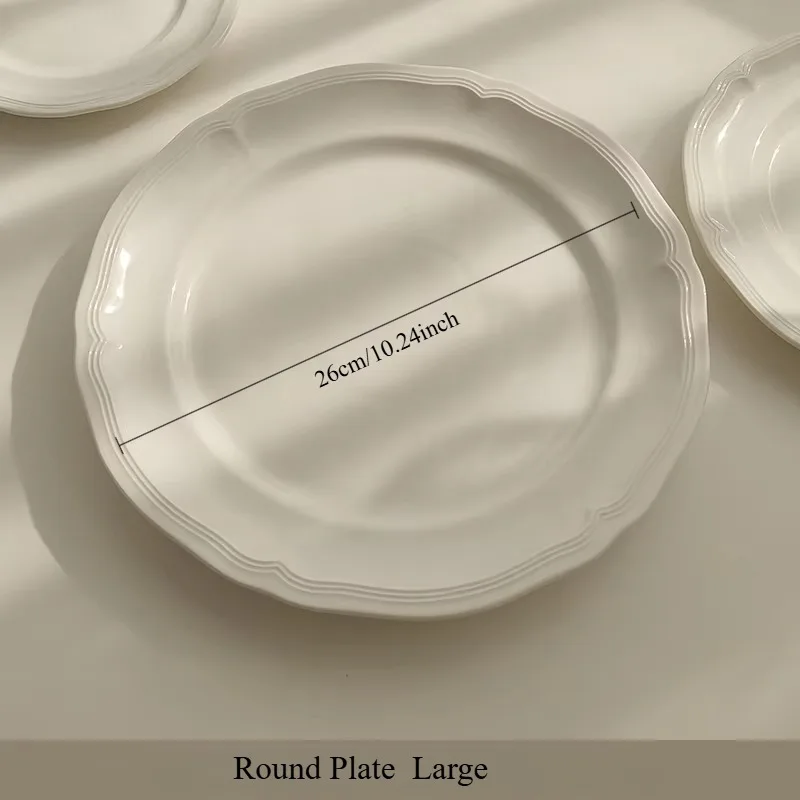 French Vintage White Embossed Ceramic Plate, Floral Lace Breakfast & Dessert Dish, Elegant Retro Tableware for Home Dining