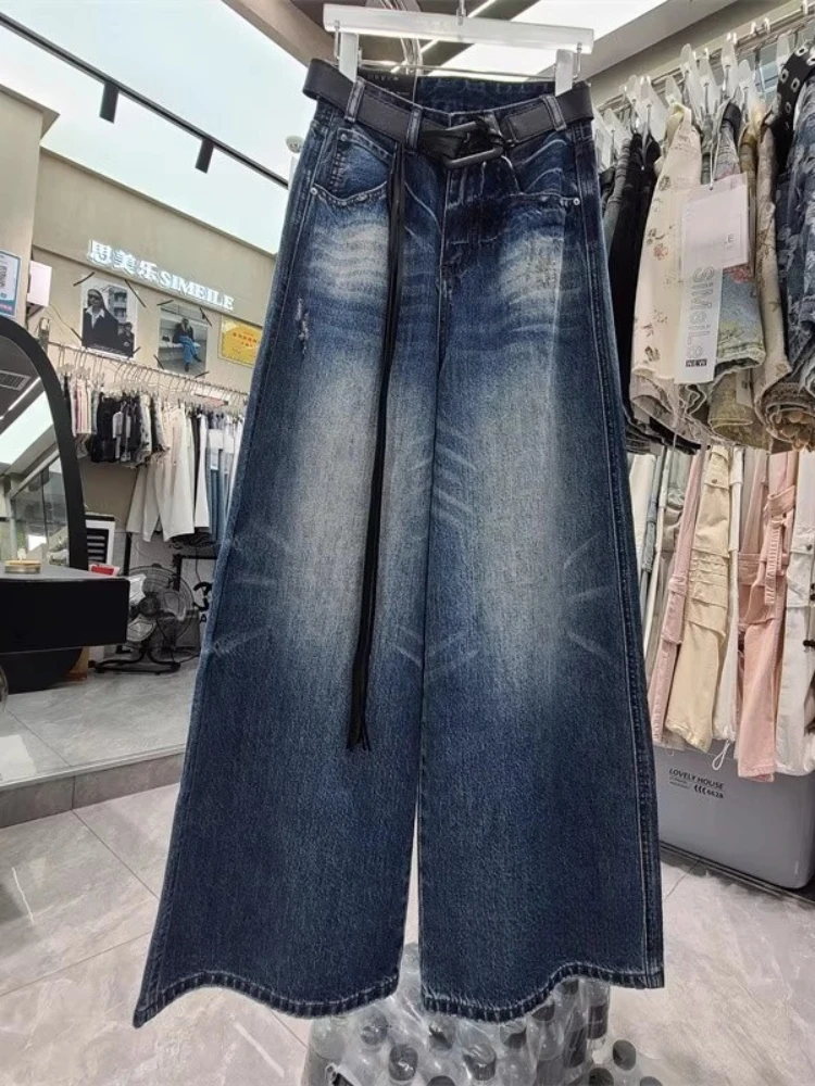 

American retro brushed ripped jeans women autumn new style personalized high waist slimming straight leg wide leg pants