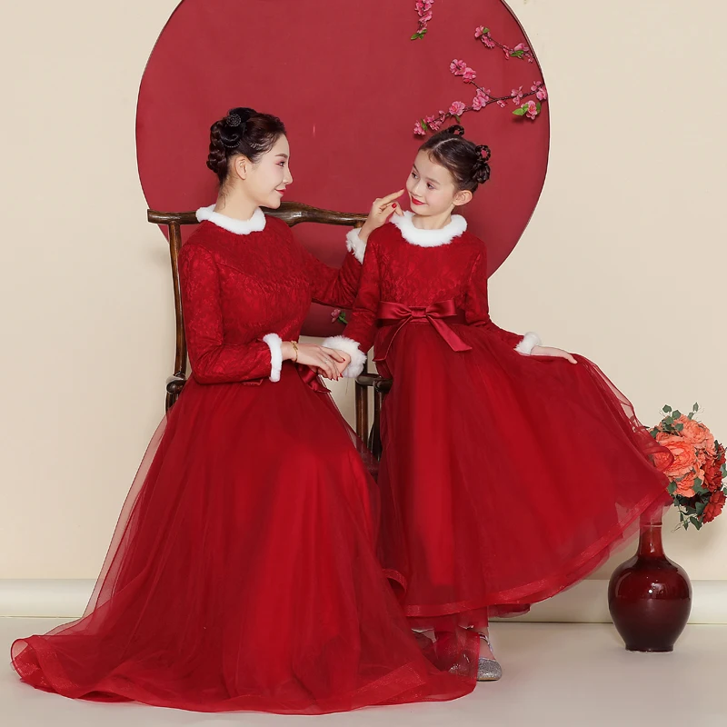 Robe Tang Rouge à la Mode pour Nouvel An, Tenue de Convenation Parent et Enfant, pour Femme et Fille
