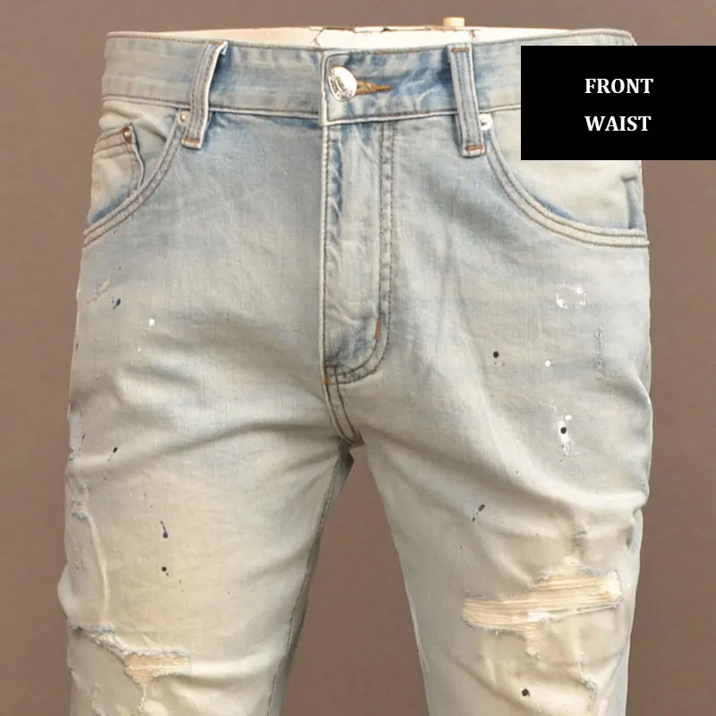 Fashion Streetwear Men Jeans High Quality Retro Washed Blue Stretch Slim Ripped Jeans Men Painted Designer Vintage Denim Pants