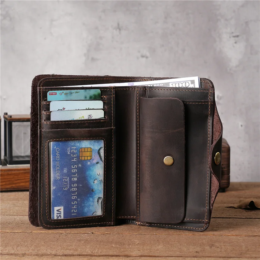 1131 Men's Crazy Horse Leather Medium To Long Wallet, Retro Two Fold Genuine Leather, Pure Head Layer Leather Wallet