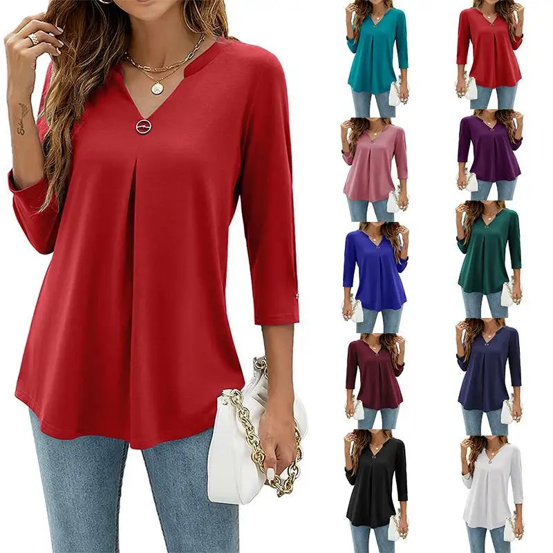 

Women's V-ne T-irt Pleated Button-up Svel Pure Color Autumn Winter Faion Casual Cotton Blend Tee