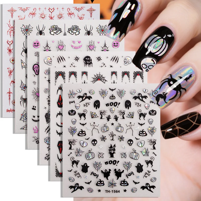 Halloween ongles autocollants bricolage squelette foncé araignée adhésif Laser ongles décalcomanies manucure Nail Art décoration Uñas Postizas Ofertas