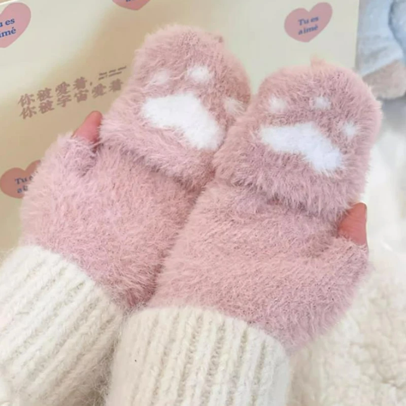 Winter Rabbit Fur Mittens Gloves for Women Warm Gloves Girls Flip Plush Glove Fingerless Thicken Warm Student Gloves Half Finger