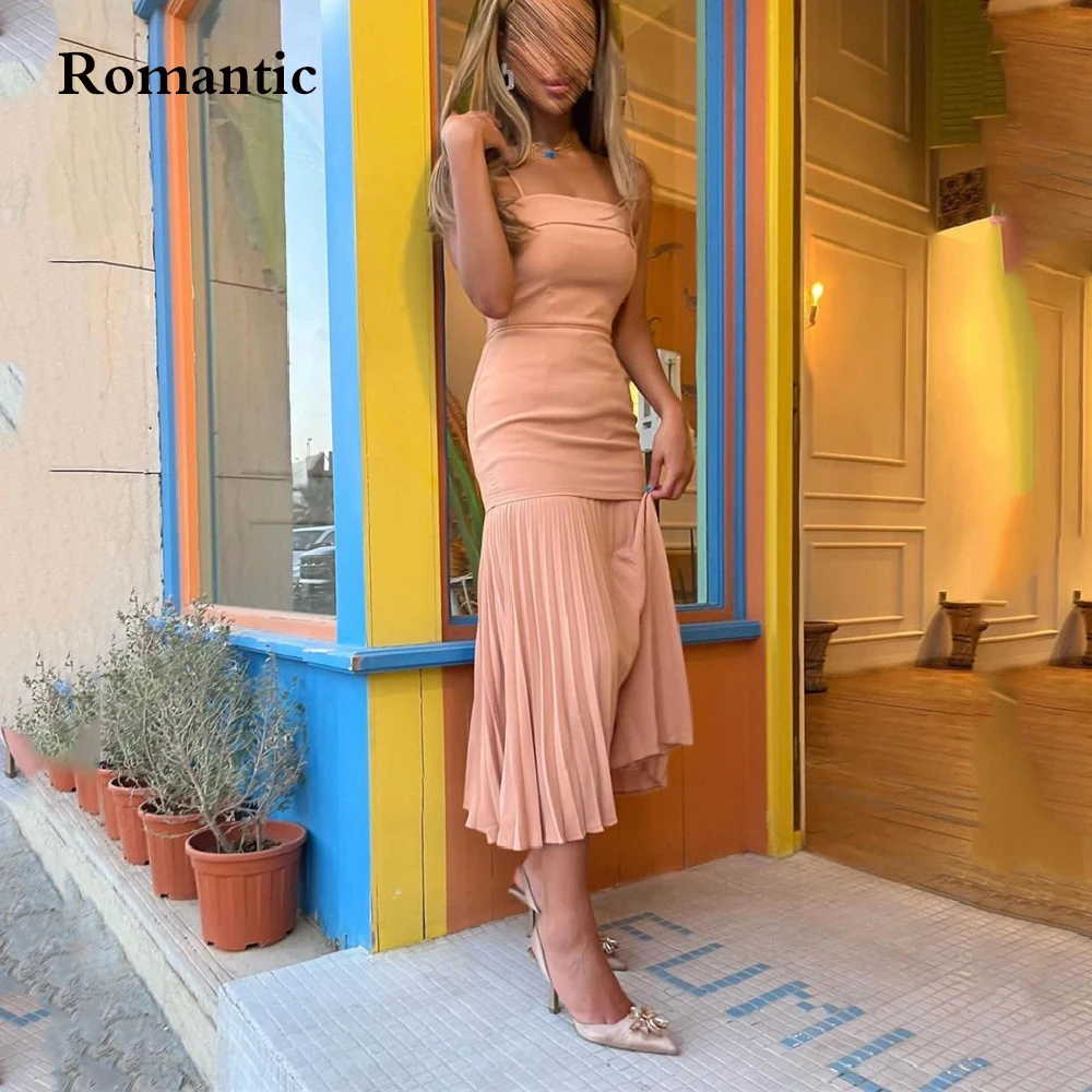 Romantic Evening Dress Spaghetti Strap Square Collar Tea Length Short Prom Gowns Saudi Arabia Vestido de festa Dress For Women