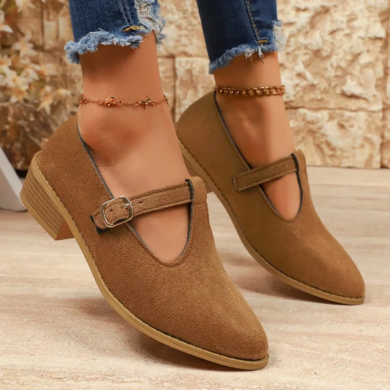 

British-style large-sized low-heeled single-shoe women's 2025 Spring/autumn new pointed-toe chunk-heeled loafers for women，36-43