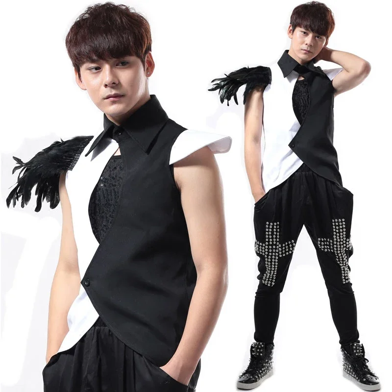 

Punk Style Men Hip Hop Dance Clothes Flying Shoulder Top Bar Nightclub Dj Ds Jazz Performance Wear Stage Rave Outfit XS5495