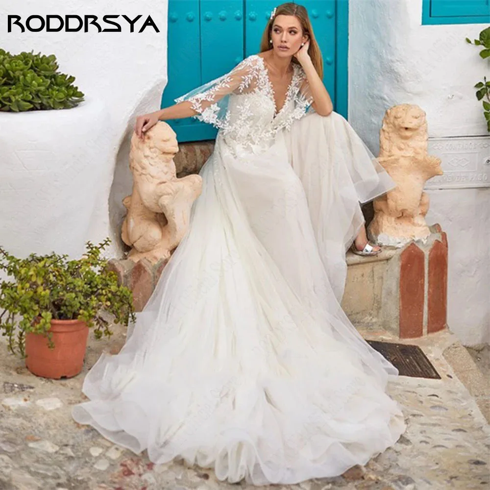 RODDRSYA Beach Half Sleeves Wedding Gowns Double V-Neck Backless Applique A-Line Vestido De Novia Bridal Dress 2024 Custom Made