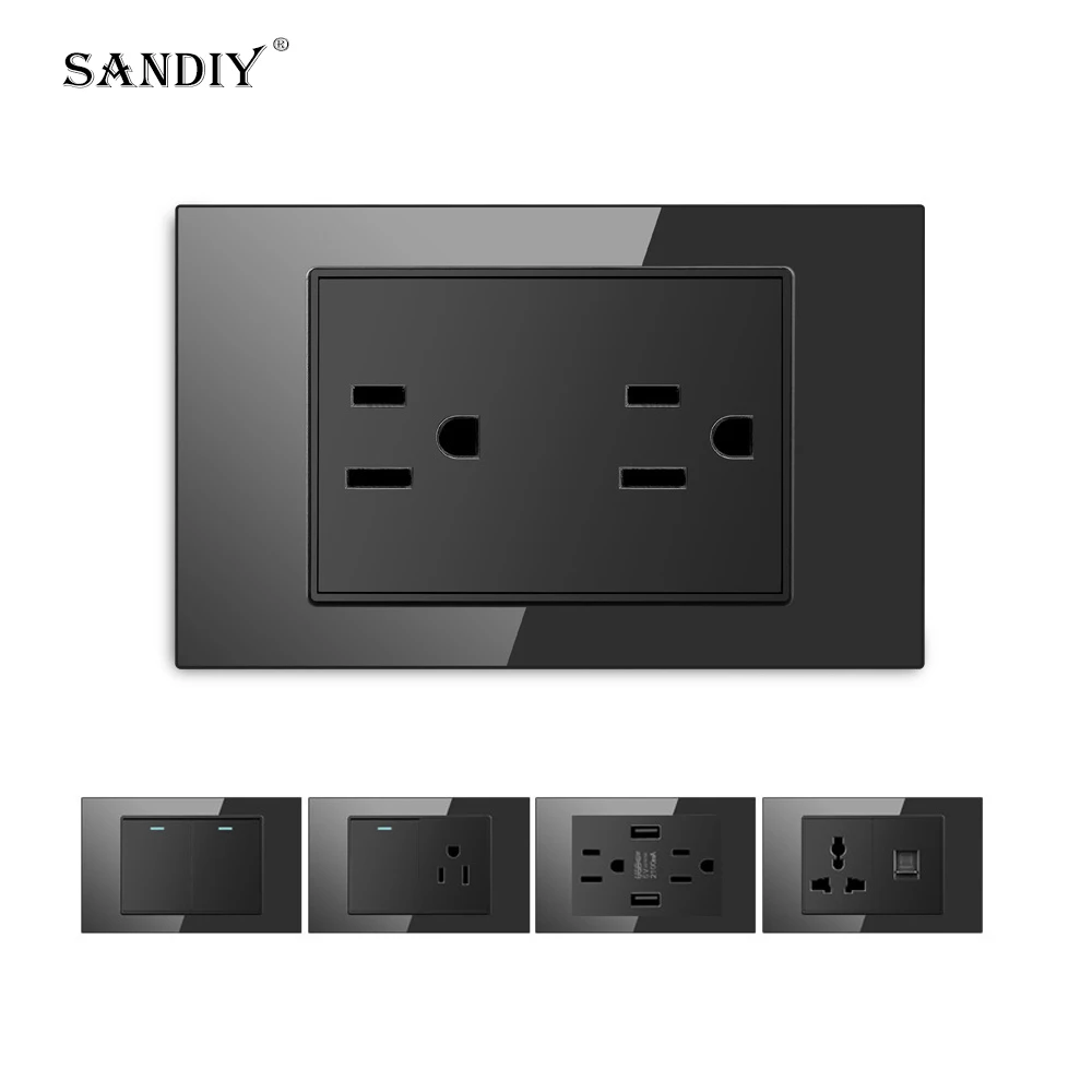 

Taiwan American Standard USB Tempered Glass 16A Switch Socket Black 110V-250V Wall Socket Panel Wholesale