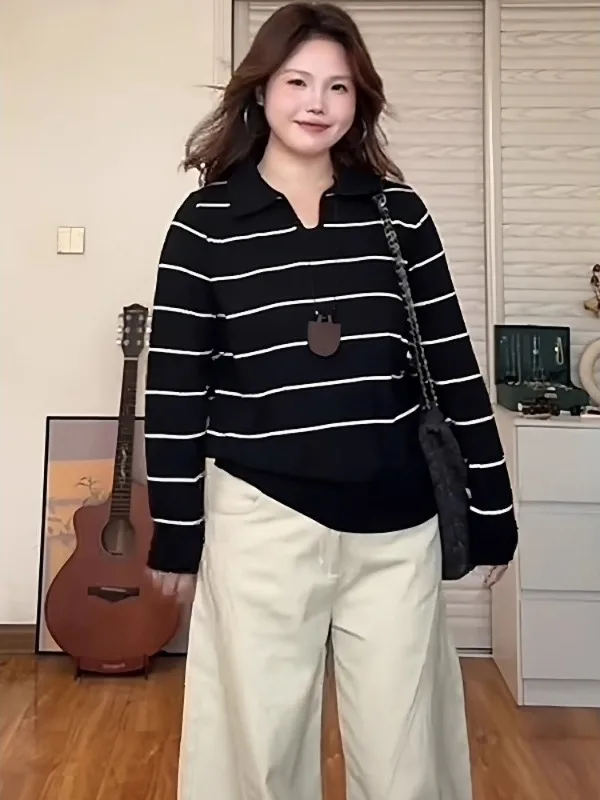 

Женский трикотажный топ больших размеров в полоску с отложным воротником, универсальный, стройнящий, свободного кроя, в корейском стиле, для осени