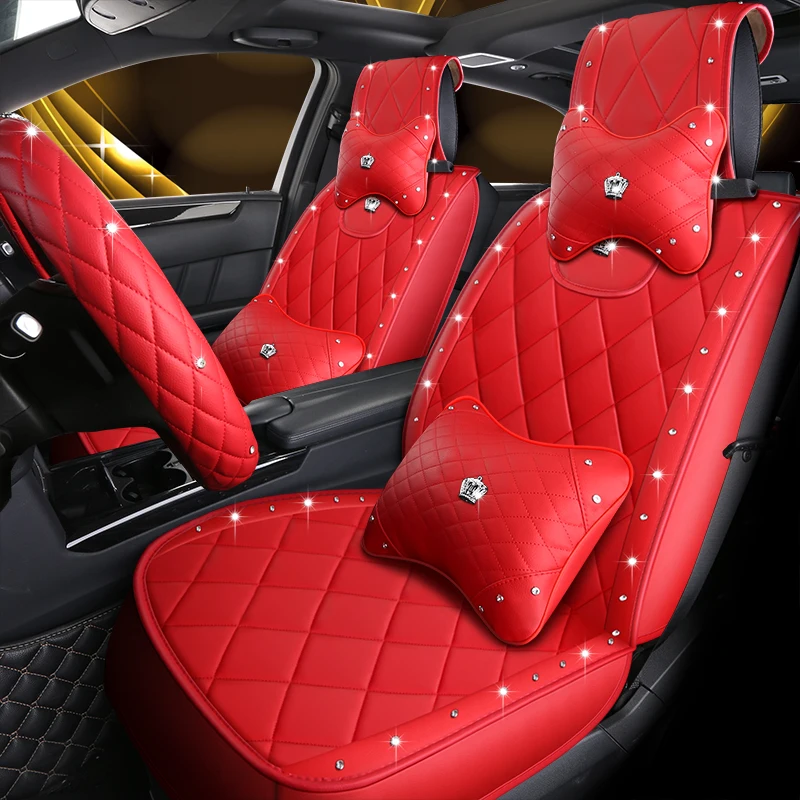 Luxury Car Seat Covers Leather Front and Rear Seats Automotive Protectors Universal with woman Crown Rhinestones Rivets Styling