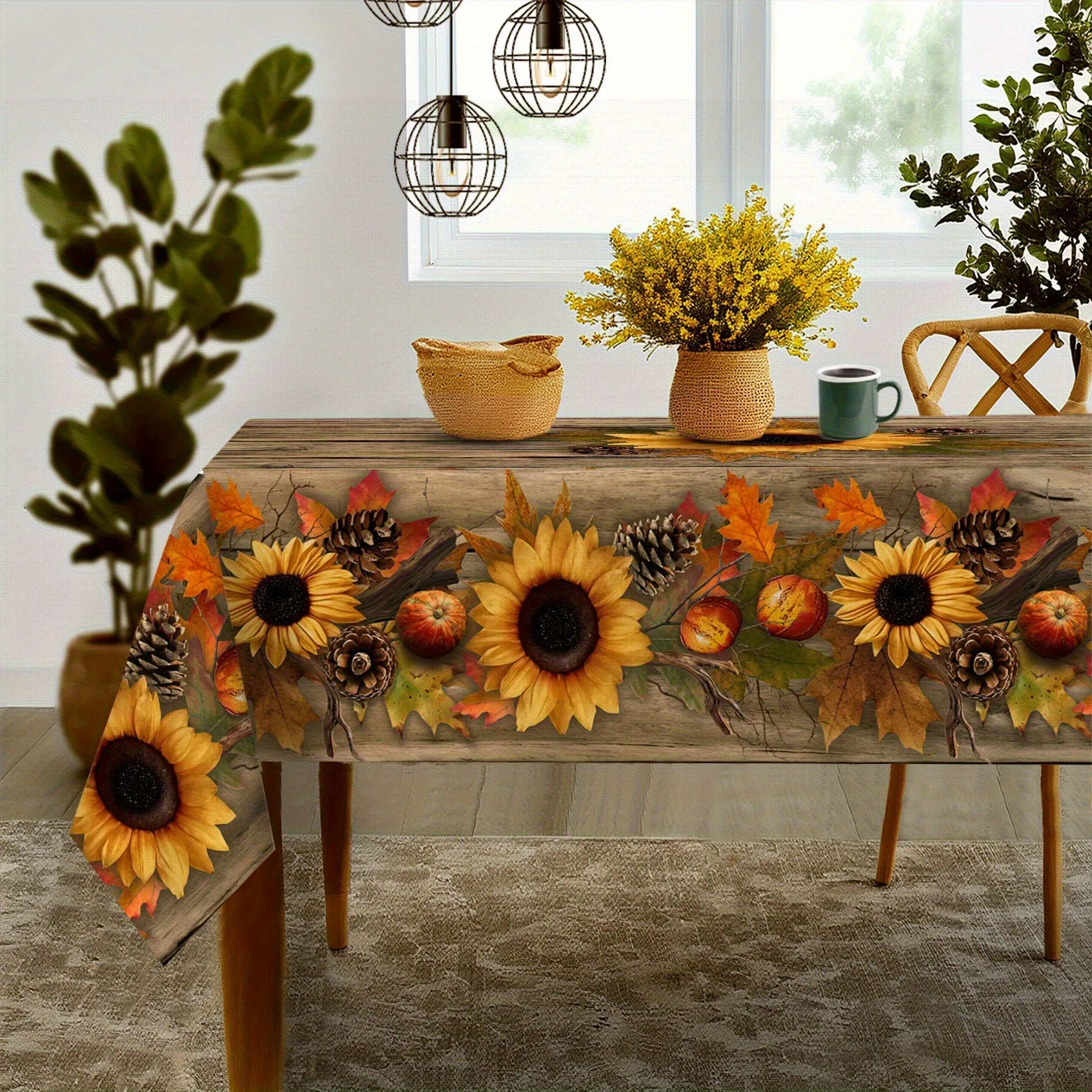 One vintage sunflower and pinecone tablecloth - rustic farmhouse style in brown color