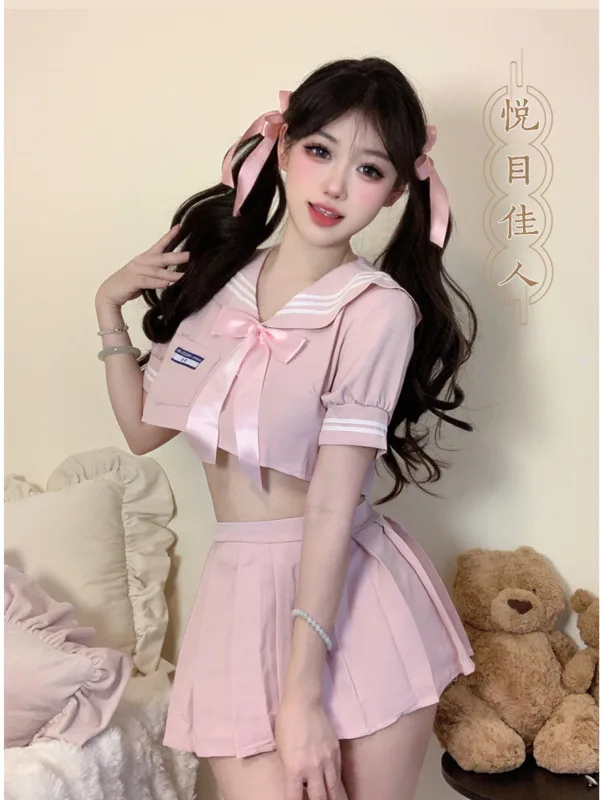 Summer Fashion Exotic Women\'s new Clothing Sweet and Cute Girls College Style Ribbon Bow Decorative Striped Short Skirt Set GEQC