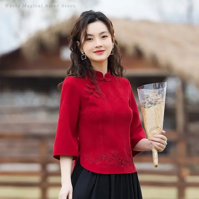 Lady Elegant Hanfu Shirt Spring Autumn Qipao Tops for Women Clothing Tradition Chinese Style Cheongsam Blouse Red Tang Top 5XL