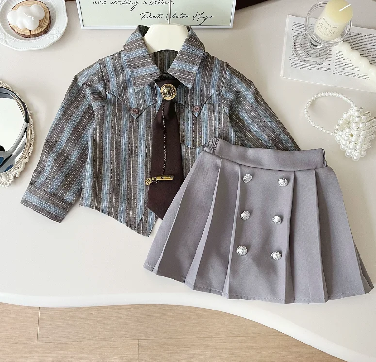 

New Baby Girls Fall Fashion Long Sleeve Sets Striped Blouse + Skirts Princess Elegant Suits 2-7T