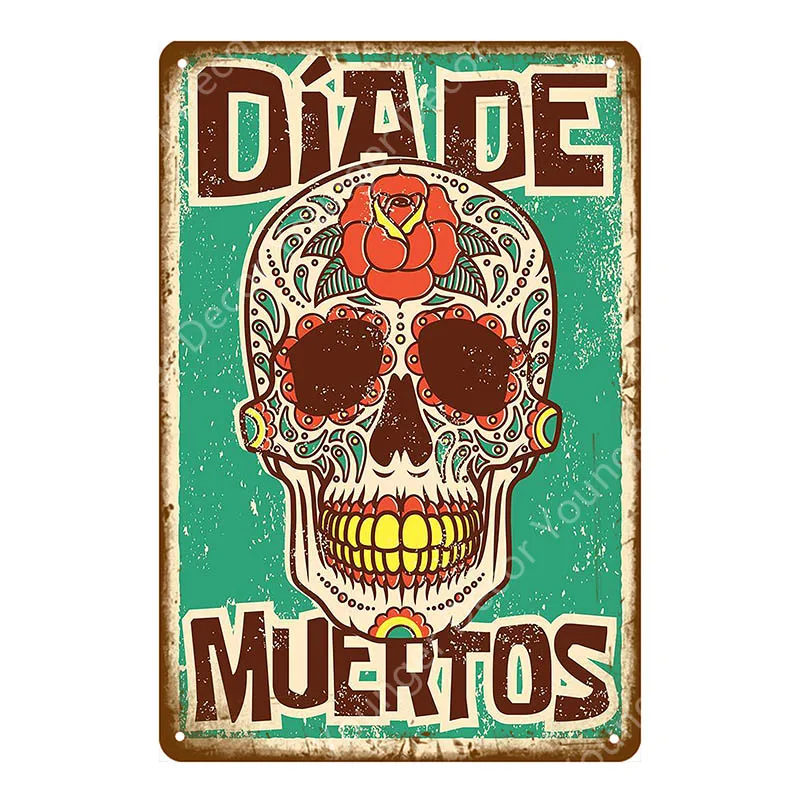 Sugar Skull Metal Tin Signs Mexican Festival Day Of The Dead Plaque Wall Painting Poster Party Shop Home Tattoo Parlors Decor