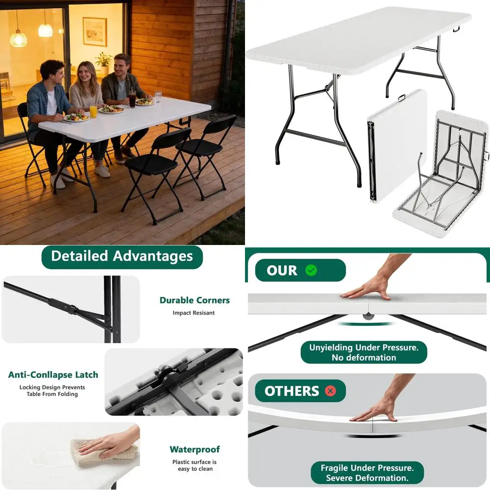 

Heavy-Duty Portable Plastic Table with Handle, Ideal for Outdoors, Dining, Events, Indoor, Picnics, Camping, Parties (White)