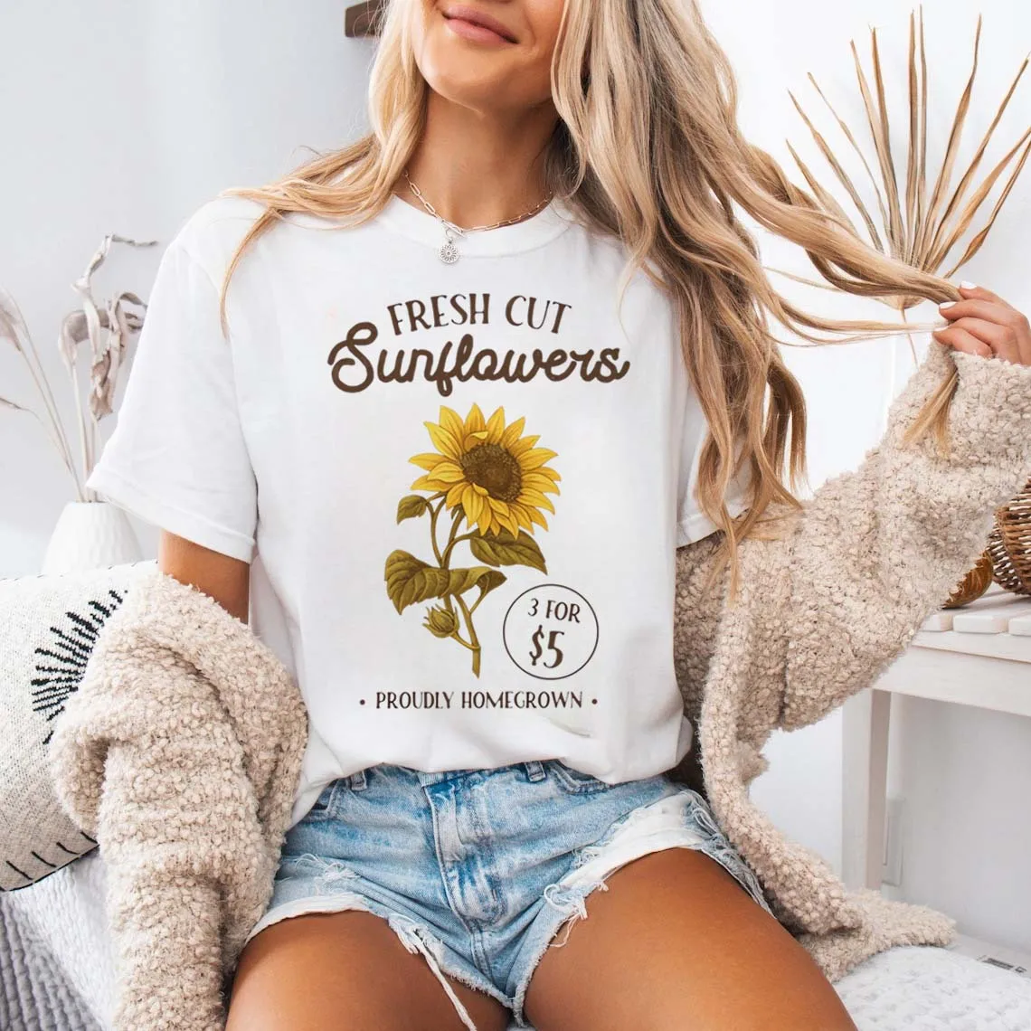 Fresh Cut Sunflowers Graphic T-Shirt Women's Clothing Trendy Short Sleeve Fall Fashion Basic White T-Shirt Women's Gift T-Shirt