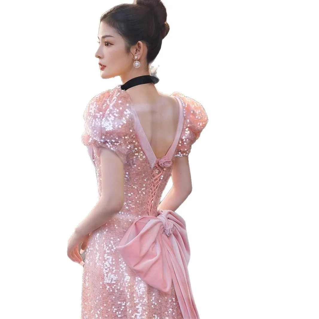 Sparkly Pink Long Prom Dress Sequine Ruffles Backless Bow Formal Birthday Party Gowns Robe De Soiree Vestidos Festa  Quinceanera