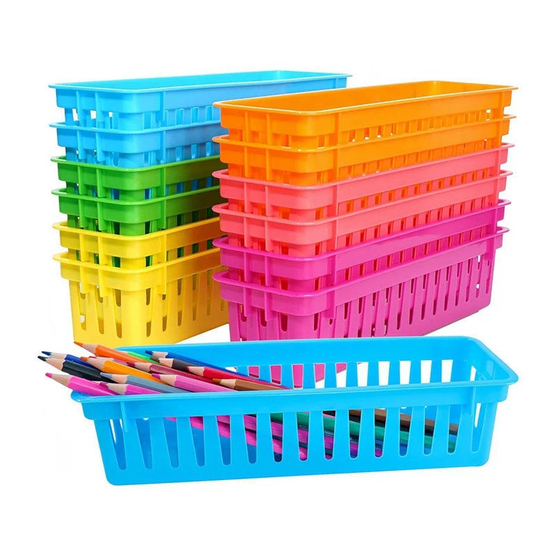 

12 Pack Pencil Organizer Basket Trays, Rainbow Colors Desk Storage For Kids, Classroom Supply Holders For School